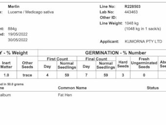 Lucerne seed, bare, cleaned & tested. Merlin variety, highly winter active, well suited to grazing &/or hay.