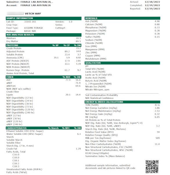 240mt Vetch Hay 600kg 8x4x3 Bales
