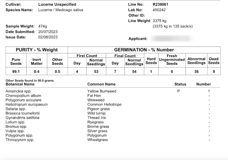 Lucerne seed seconds, cleaned & tested