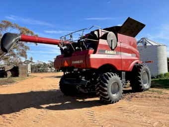 2011 Case IH 8120 4WD Header with 2152 40' Front on Trailer