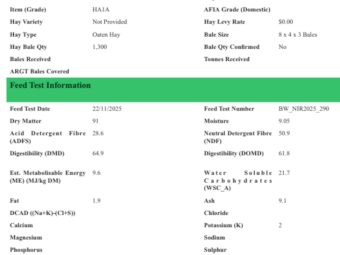 200mt Oaten Hay 600kg 8x4x3 Bales