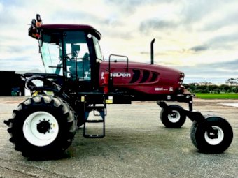 2016 Macdon 205 Windrower with 2018 D65 Front & Mower Front on Trailers