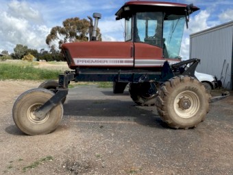 2002 9352 premier windrower with MacDon 972 Draper front, countrywide vertical knives, trailer and carrier