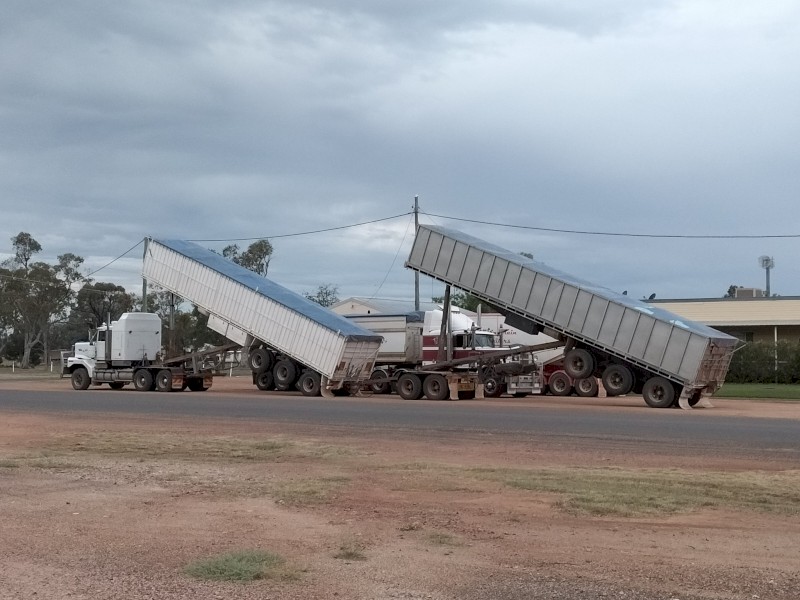 Tipping axle convertible grain trailers 1986 O’phee (grey) and 1986 Lusty (white) on spider spring suspension 