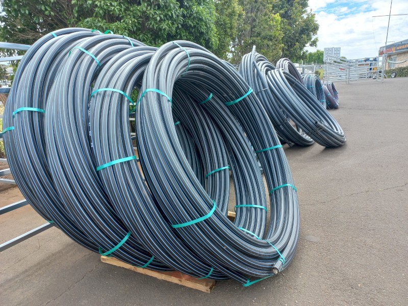 50mm Blue Stripe Poly Pipe 100m Coil Farm Tender