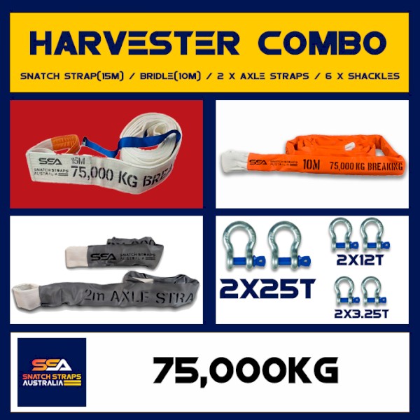 Harvester Combo - Snatch Straps Australia - 75000kg Breaking Snatch Strap 15m incl Shackles