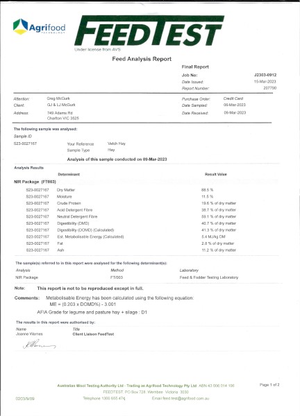 100mt Vetch Hay 550kg 8x4x3 Bales