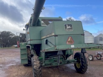 John Deere 7720 Harvester with 24ft finger tyne reel front on Leith trailer plus spare 7720 and two fronts for parts