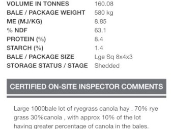 150mt Rye/Canola Hay 8x4x3 Bales