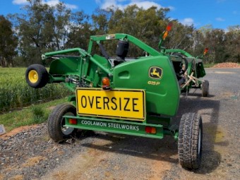 John Deere 615P Pick up front with Coolamon Steelworks trailer 