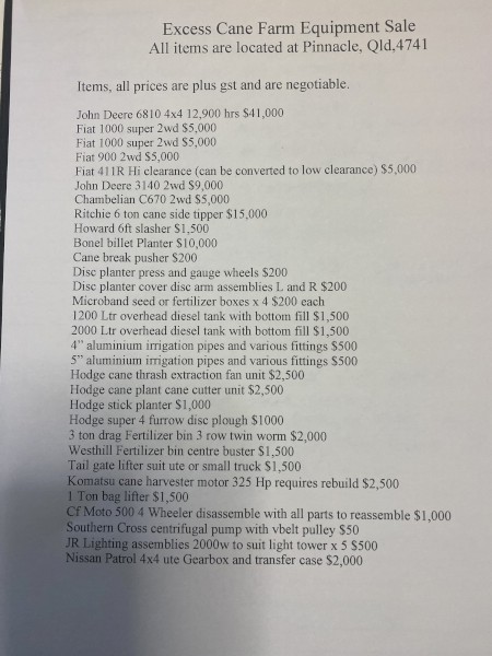 Excess Cane farm Equipment 