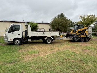 CAT249D Posi Track, implements, tipper truck & plant trailer