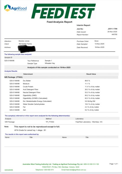 1000mt Wheaten Hay 600kg 8x4x3 Bales