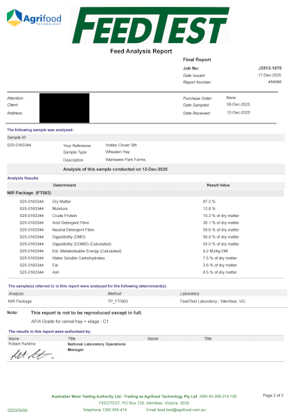 97mt Clover/Wheaten Hay 360kg Round Bales