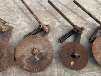 Varying Sizes Pivoting Disc Coulters with Shaft, arm assembly, hub and mounting brackets