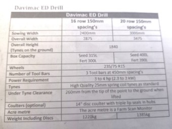 DAVAMAC Direct Drill Seed Drill (ED1014) Combine Seeder