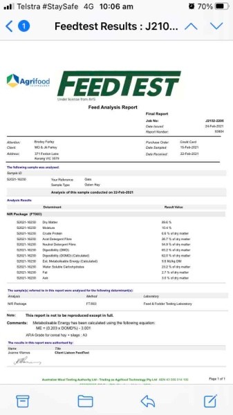 Oaten hay baled in 2020 with small 8mm rain event on it Rolls are 4'6" by 4 weight around 300kg round 80 available 
